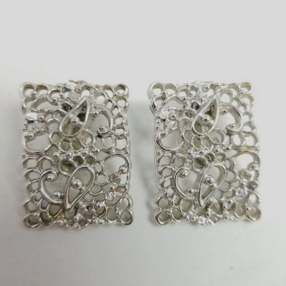 Vintage Big Rectangular Silver Tone Filigree Clip On Earrings, Retro Statement - Picture 2 of 6